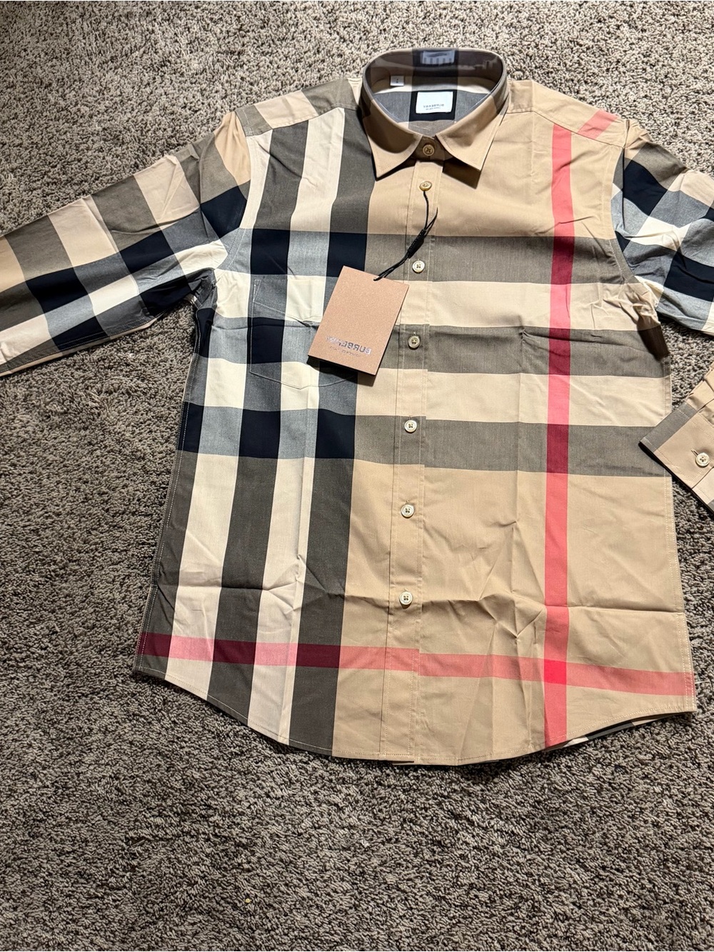 Burberry  Tan Check Button-Down Shirt with Black & Red Stripes